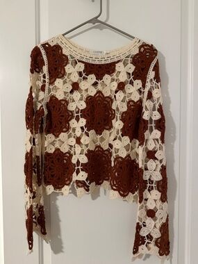 Cloth by Design Crochet Floral Openwork Sweater - Cream & Brown,S, NWOT